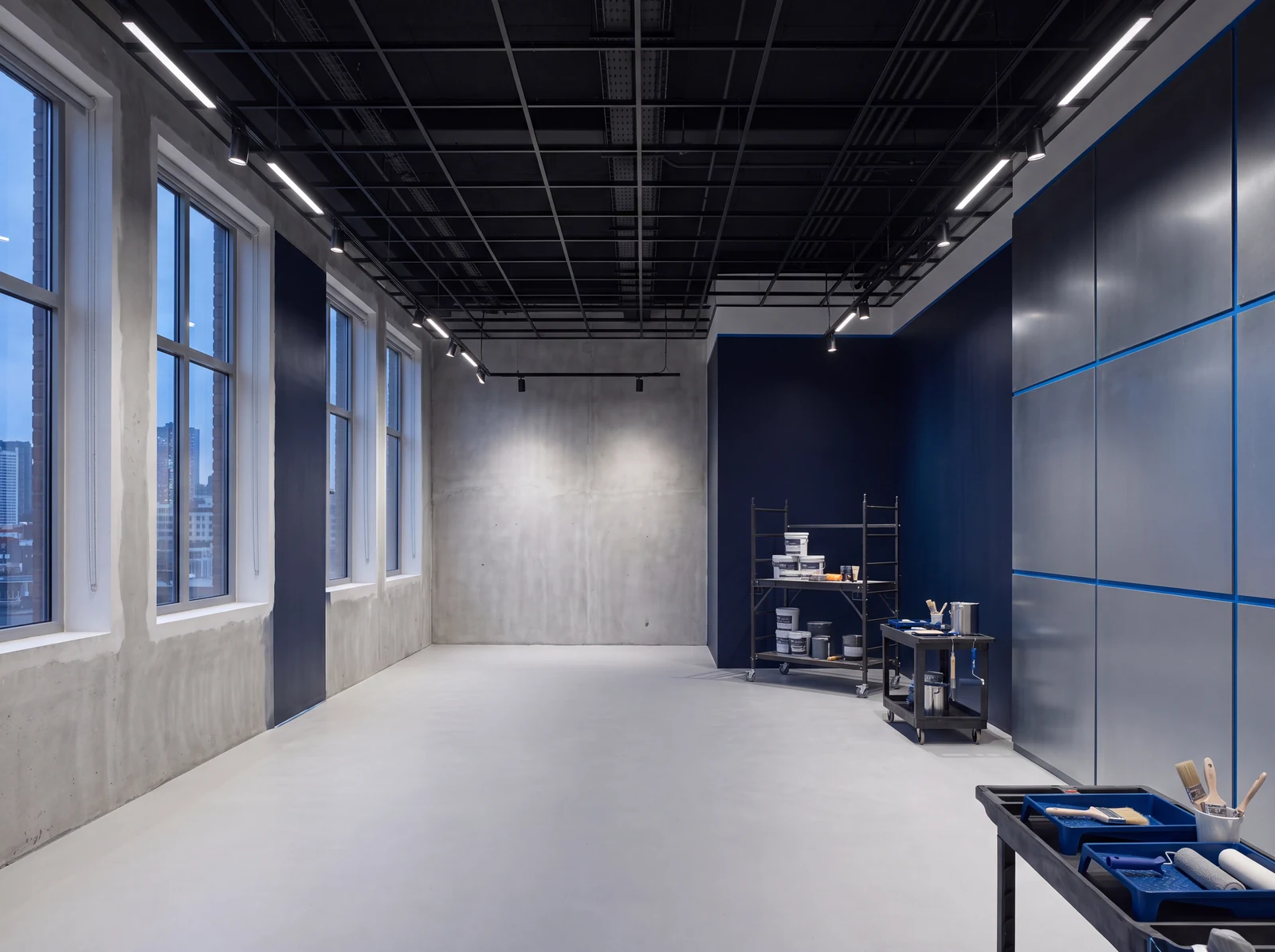 Representative orderly commercial facility interior with prepared surfaces